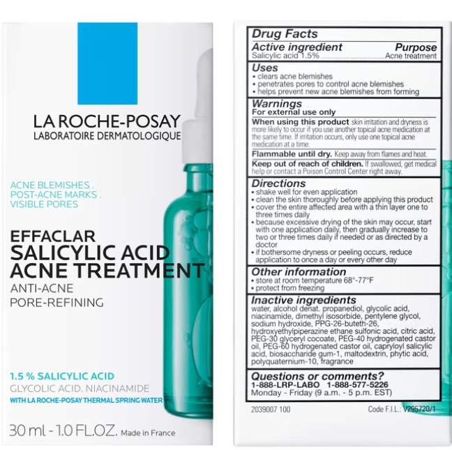 La Roche-Posay Effaclar Salicylic Acid Acne Serum, Pore Minimizing Acne Treatment with Niacinamide, 1.0 fl oz